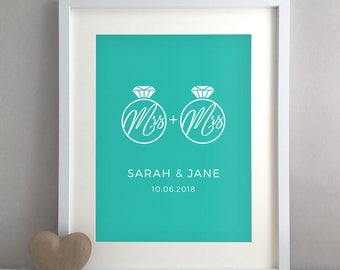 Lesbian Wedding Gift, Mrs & Mrs 2 Brides, Gift Gay Couple, Same Sex Civil Partnership, Lesbian Gay Marriage Personalised Print (unframed)