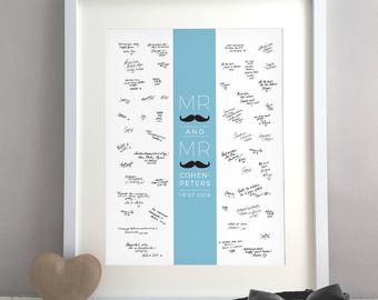 Moustache Gay Wedding Guest Book Alternative, Mr & Mr Same Sex Civil Partnership Guestbook For Gay Couple, Personalised Print (unframed)