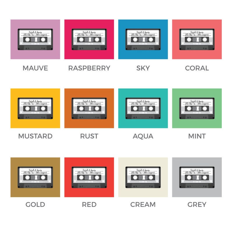 May include: A set of 12 cassette tape designs in various colors, including mauve, raspberry, sky, coral, mustard, rust, aqua, mint, gold, red, cream, and grey. Each cassette tape has the text "S&S" and "John & Jane Legend" printed on it.