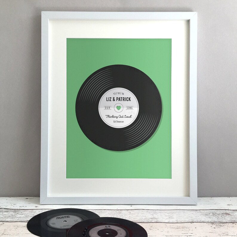 Op de afbeelding: Een ingelijste print van een zwarte vinylplaat met een groene achtergrond. De plaat heeft de tekst "Liz & Patrick" en "Our Song" met een hart symbool. De titel van het nummer is "Thinking Out Loud" van Ed Sheeran.