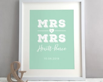 Mrs & Mrs Lesbian Wedding Gift, Same Sex Civil Partnership, Gift for Gay Couple 2 Brides, Lesbian Gay Marriage Personalized Print (sin marco)