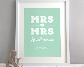 Mrs & Mrs Lesbian Wedding Gift, Same Sex Civil Partnership, Gift for Gay Couple 2 Brides, Lesbian Gay Marriage Personalised Print (unframed)