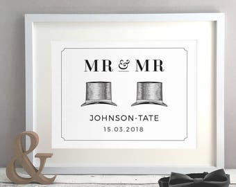 Sombrero de copa Regalo de boda gay Pareja gay, Pareja civil de boda del mismo sexo, Matrimonio gay Arte impreso personalizado, Ideas de regalo de novio (sin marco)
