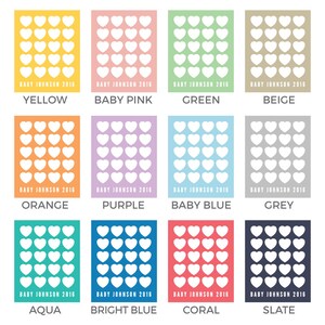 May include: A chart with 12 different colored squares, each with 36 white hearts inside. The squares are labeled with the colors: yellow, baby pink, green, beige, orange, purple, baby blue, grey, aqua, bright blue, coral, and slate. Each square also has the text "BABY JOHNSON 2016" at the bottom.