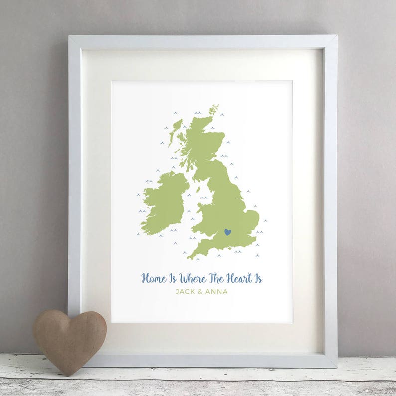 New Home Housewarming Gift Family Couple Home Heart UK Map Personalised Print 