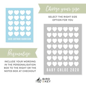 May include: A printable heart chart for a baby's name. The chart is light blue with white hearts and the text "JACK ARTHUR HARRISON". The chart is next to a gray chart with white hearts and the text "BABY CHLOE 2020".