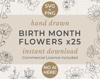 Ilustraciones SVG PNG de flores del mes de nacimiento - Paquete de imágenes prediseñadas de arte lineal botánico floral - Descarga digital - Licencia de uso comercial - Dibujado a mano