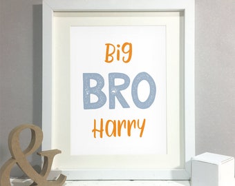 Big Little Bro Brother Print, Brother Sign, Typography Wall Art, Personalized Name Print, Nursery Kids Boys Room Bedroom Decor (Unframed)