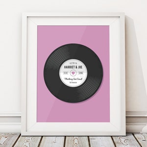 Op de afbeelding: Een roze achtergrond met een zwarte vinylplaat. Het platenlabel zegt "13.10.15 HARRIET & JOE ONZE SONG "Thinking Out Loud" Ed Sheeran".