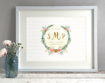 Regalo de monograma de boda floral, regalos de boda únicos para parejas, ideas románticas de regalos de boda, iniciales de impresión personalizadas personalizadas (sin marco)