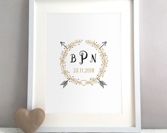 Rustic Wedding Monogram Gift, Unique Wedding Gifts For Couple, Wedding Gift Ideas Presents, Custom Personalised Print Poster (unframed)