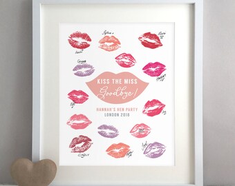 Lipstick Kisses Kiss The Miss Guest Book Alternative, Hen Bachelorette Party, Hen Do Weekend Bridal Shower, Decoration Print Gift (unframed)