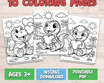 Pagine da colorare di dinosauri per San Valentino, libro stampabile con cuccioli di dinosauro (download digitale, età 3+)