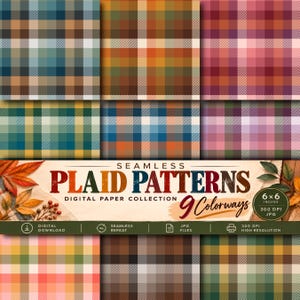 May include: A digital paper collection featuring nine seamless plaid patterns in various colourways. The text reads: SEAMLESS PLAID PATTERNS, 9 Colorways, 6x6 INCHES, 300 DPI JPG. The design includes autumn leaves and berries in the corners.