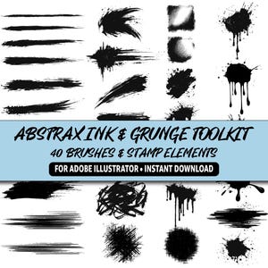 May include: A collection of black ink and grunge elements, including brush strokes, splatters, and stamp elements. The image includes the text "ABSTRAX INK & GRUNGE TOOLKIT" and "40 BRUSHES & STAMP ELEMENTS" for Adobe Illustrator.