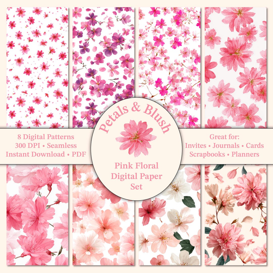 Pink Floral Digital Paper Set | 8 Seamless Flower Patterns | Romantic ...