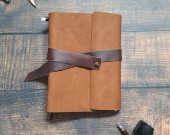 Handmade leather journal, A5 handmade notebook, upcycled leather wrap journal, gift for journal lover