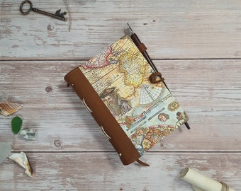 A6 handmade notebook, vintage style map journal, leather and map travel journal, blank notebook, art journal