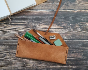 Handmade leather pencil case, pencil pouch, leather pen holder, brown leather stationery case