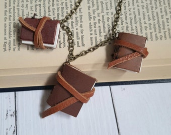 Handmade book necklace, trio of mini books, leather necklace, book gift