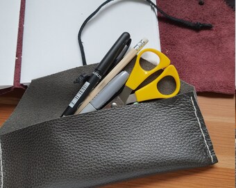 Leather pencil case, handmade dark grey leather pencil case, slim leather stationery pouch
