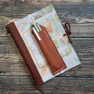 Pen holder for notebook with elastic strap, leather pen case for A5 journal, made with upcycled leather