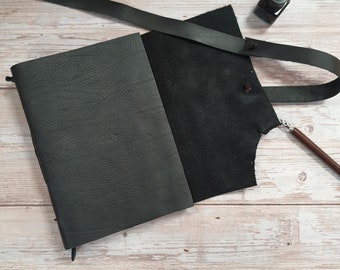 Black handmade leather journal, A5 handmade leather wrap notebook, art journal with leather cover