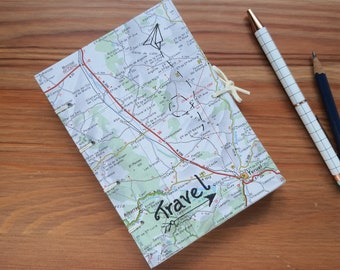 Travel journal, map cover notebook, upcycled map, adventure book, A6
