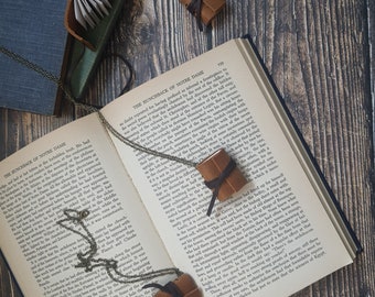 Handmade book necklace, mini book necklace, bookish gift, leather necklace, book pendant