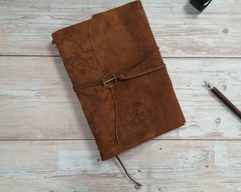 Leather map journal, A5 handmade notebook, adventure travel journal, bound anchor journal, pirate aesthetic