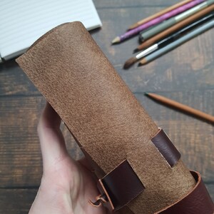 Leather pencil roll, handmade pencil case, leather artist roll, gift for stationery lover, leather pen holder, travel pencil roll image 5