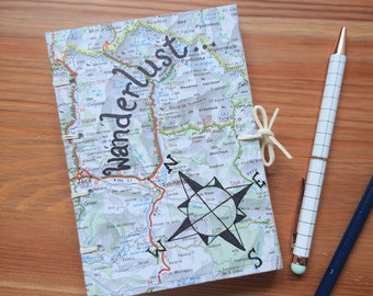 Travel journal, upcycled map cover, A6 blank notebook, wanderlust book, adventure planner