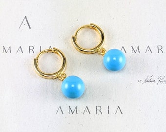 Swarovski pearl earrings, Handmade earrings, Blue hoop earrings, Unique earrings, 8mm pearl hoops, Earrings for women, Pearl hoop earrings