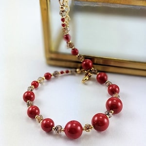 Swarovski pearl bracelet, Handmade bracelet, Coral red bracelet, Unique bracelet, Bracelet for her, Bracelet for women, Boho bracelet, gift