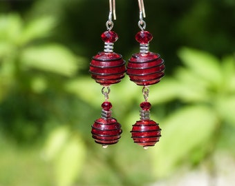 Earrings red Murano glass with black scrolls