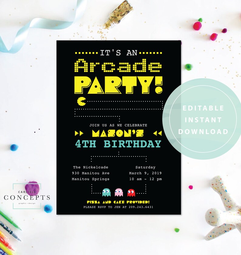 You Edit Yourself Arcade Birthday Party Invitation Pacman Etsy