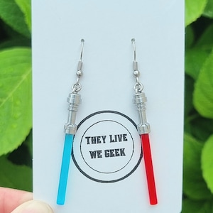 Star Wars Lego Lightsabers Drop Earrings Blue and Red Combo