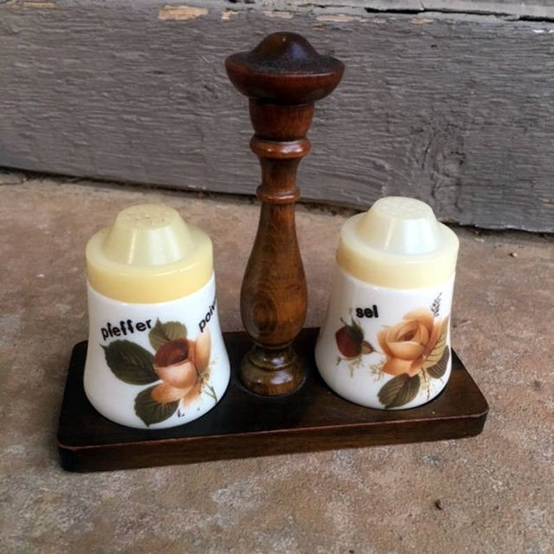 MCM Salt and Pepper Shakers Wooden Caddy Milk Glass Shakers Etsy