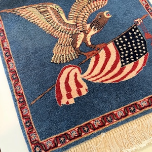 Flag Rug With American Eagle 18 x 22 Inches Hand knotted