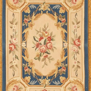 32 x 45 Inches Blue Aubusson Carpet , Brand New Wool on Cotton Entirely Hand Made In The French Tapestry Weave Technique.