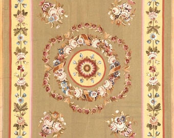 5.1 x 6.6 Aubusson Weave Carpet Entirely Hand Woven In China With Historic French Techniques. Brand New Old Stock