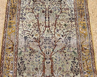 3.1 x 5.3 Vintage Hand-Woven Silk Carpet. Tree of Life Design