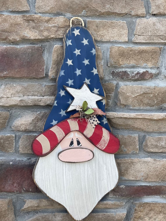 Americana Gnome Head Door/porch Hangerblue Hat/red Hat Brim | Etsy