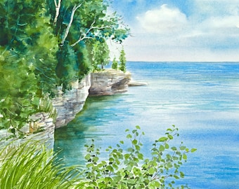 watercolor painting "Cave Point" giclee print, 10x10 Lake Michigan, Door County