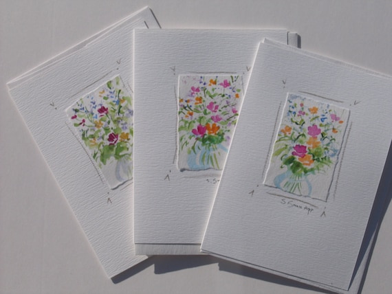 Handmade cards, original watercolor notecards with flowers, set of 3