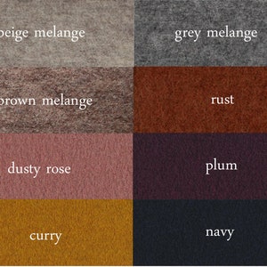 May include: Swatch card showing eight different fabric colors: beige melange, grey melange, brown melange, rust, dusty rose, plum, curry, and navy.