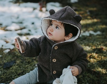 Lined Woolen Jacket little bear, winterjacket, teddylining, Sherpa, winter coat, pure new wool, virgin wool, kids, baby