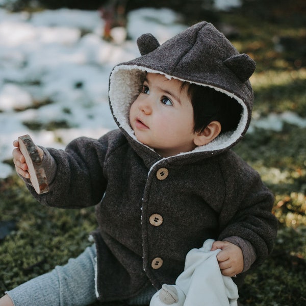 Lined Woolen Jacket little bear, winterjacket, teddylining, Sherpa, winter coat, pure new wool, virgin wool, kids, baby