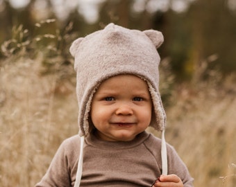 Bonnet en laine « Lille bjørn », bébé, enfants, couleur souhaitée, petit ours, bonnet en laine, crème en peluche bio