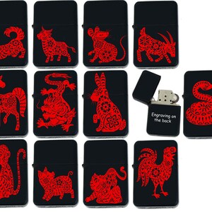 Chinese horoscope Zodiac signs, horoscope symbols, animals elements collection Gifts Infinity Black Matt Windproof Lighters!